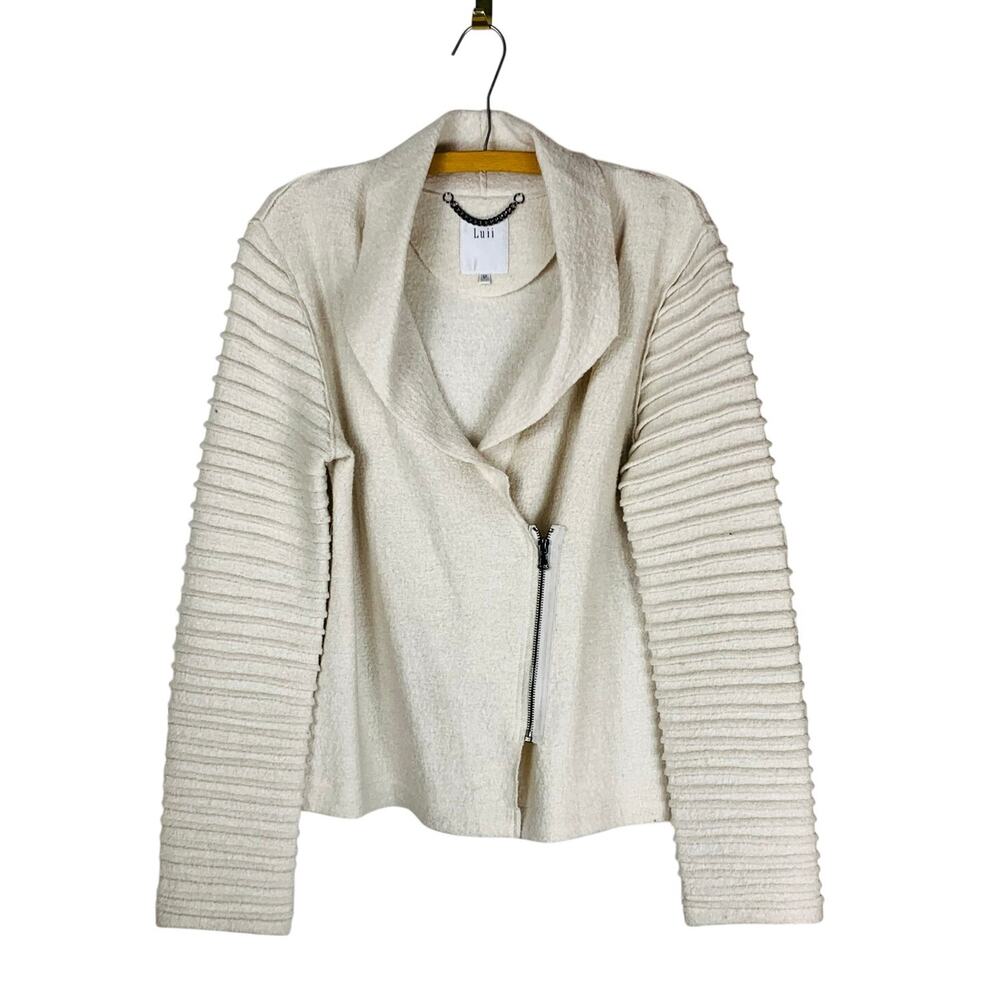 Luii Off White Textured Moto Jacket Size M Wool Blend Statement Sleeves